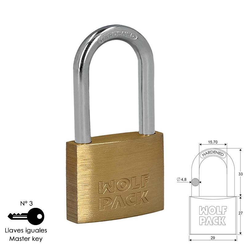 Candado wolfpack laton arco largo llaves iguales 30 mm. nº3 Candado wolfpack laton arco largo llaves iguales 30 mm. nº3