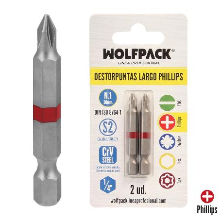 PUNTAS LARGAS DESTORNILLADOR PHILLIPS Nº 1 (2 PIEZAS). ACERO S2 AL CROMO VANADIO. PUNTAS HEXAGONALES, DESTORPUNTAS,