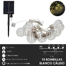 GUIRNALDA SOLAR 10 BOMBILLAS / 50 MICRO LEDS LUZ CALIDA. BATERIA RECARGABLE USO EN EXTERIORES / INTERIORES IP44