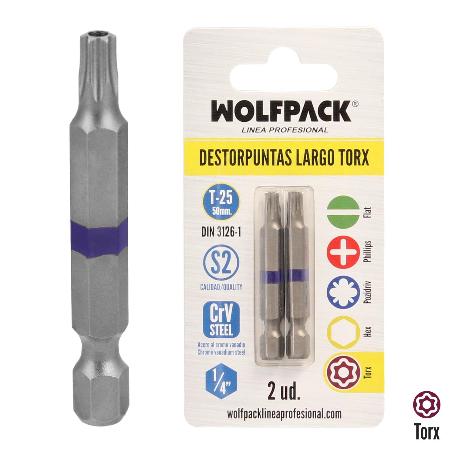 PUNTAS LARGAS DESTORNILLADOR TORX T25 (2 PIEZAS). ACERO S2 AL CROMO VANADIO. PUNTAS HEXAGONALES, DESTORPUNTAS,