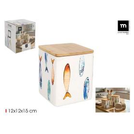 TARRO BOTE DE COCINA CUADRADO 12X12X15 CMS. CON TAPA BAMBU PEIXE LAMEDITERRANEA
