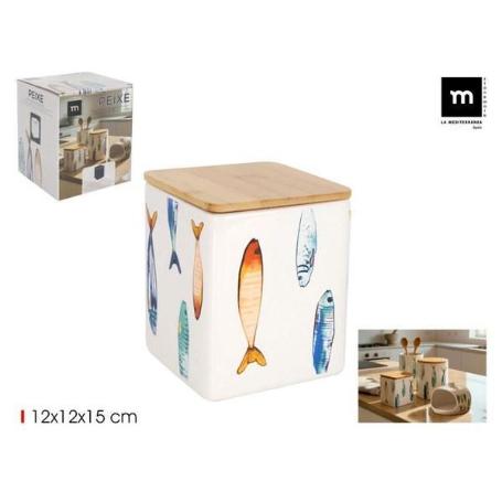 TARRO BOTE DE COCINA CUADRADO 12X12X15 CMS. CON TAPA BAMBU PEIXE LAMEDITERRANEA