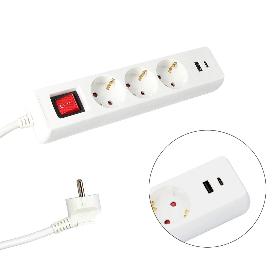 BASE MULTIPLE 3 TOMAS SCHUCKO Y 2 TOMAS USB (A / C) CON INTERRUPTOR Y TOMA DE TIERRA