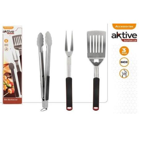 JUEGO 3 UTENSILIOS PARA BARBACOA, ACERO INOXIDABLE CON MANGO NEGRO ANTIDESLIZANTE AKTIVE