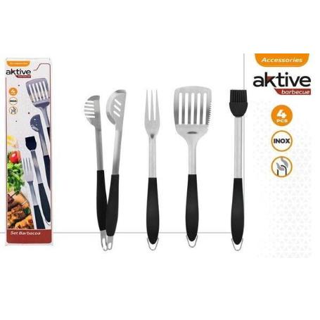 JUEGO 4 UTENSILIOS PARA BARBACOA, ACERO INOXIDABLE CON MANGO NEGRO ANTIDESLIZANTE AKTIVE