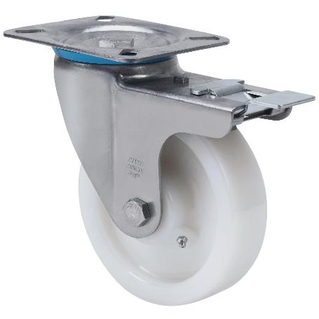 RUEDA GIRATORA PLACA FRENO INOX.10ZVIFD150-FT NYLON BLANCO EXTRAFUERTE LISO