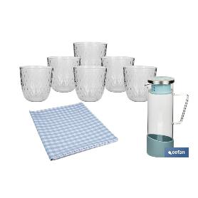 PACK DE JARRA TIERRA,SET DE VASOS DE AGUA Y MANTEL 1.40 X 1.40 CM