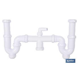 SIFÓN CURVO DOBLE CON SALIDA Ø32-40 MM, RACORES 1 1/2 Y TOMA AUXILIAR