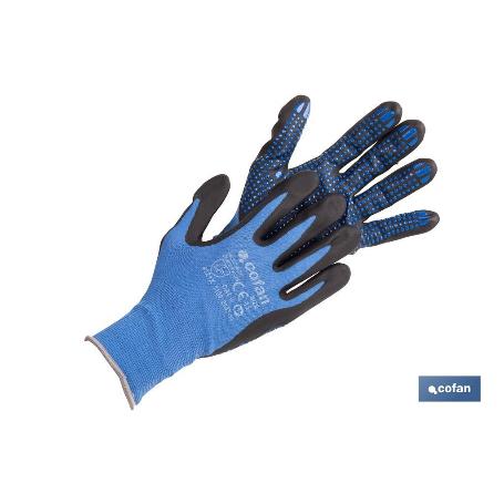 GUANTE IMPREGNADO CON PUNTOS AZULES DE NITRILO TALLA 8 VENTA UNITARIA