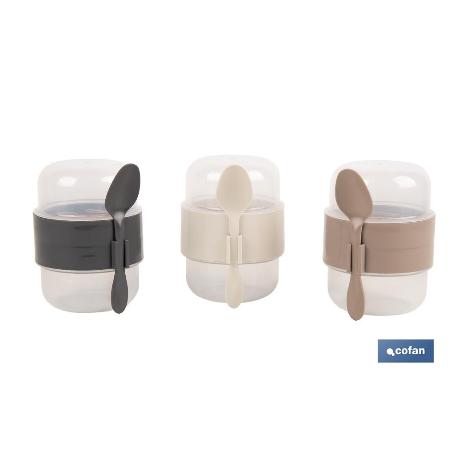 SET DE 3 RECIPIENTES CON TAPA, CUCHARA Y COMPARTIMIENTO INTERIOR  200ML+200ML