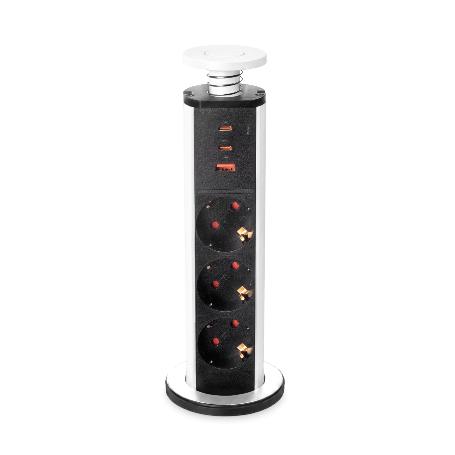 EMUCA MULTICONECTOR EXTRAÍBLE VERTIKAL, 3 ENCHUFES TIPO SCHUKO, 1 USB TIPO A, 2 USB TIPO C, PLÁSTICO Y ALUMINIO, PI