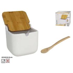 SALERO PARA COCINA DE PORCELANA BLANCA CON CUCHARA MADERA MODELO AUSTIN 12X12X11,5 CMS
