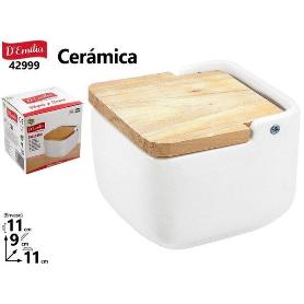 SALERO PARA COCINA CERAMICA BLANCA CON TAPA MADERA NATURAL 11X9X11 CMS DEMILIA