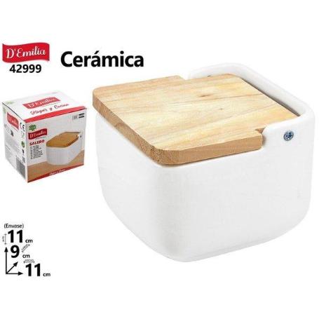 SALERO PARA COCINA CERAMICA BLANCA CON TAPA MADERA NATURAL 11X9X11 CMS DEMILIA
