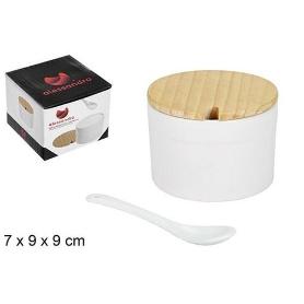 AZUCARERO CERAMICA BLANCA REDONDO CON TAPA MADERA 7X9X9 CMS ALESSANDRO