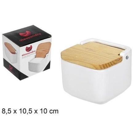 SALERO CERAMICA BLANCA CON TAPA MADERA ABATIBLE 8,5X10,5X10 CMS ALESSANDRO