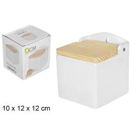 SALERO CERAMICA BLANCA PARA COLGAR CON TAPA MADERA ABATILE 10X12X12 CMS CASA Y MENAJE