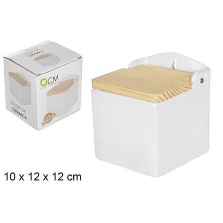 SALERO CERAMICA BLANCA PARA COLGAR CON TAPA MADERA ABATILE 10X12X12 CMS CASA Y MENAJE