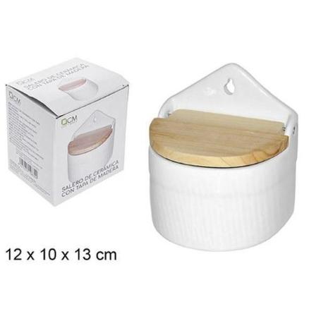 SALERO PARA COCINA DE CERAMICA BLANCA CON TAPA Y COLGADOR 12X10X13 CMS CASA Y MENAJE