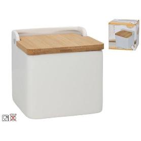 SALERO CON TAPA DE BAMBU 11,3X12X11,3 CMS CERAMICA BLANCA