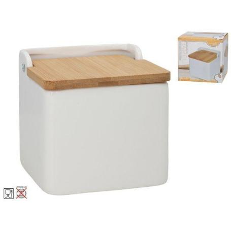 SALERO CON TAPA DE BAMBU 11,3X12X11,3 CMS CERAMICA BLANCA
