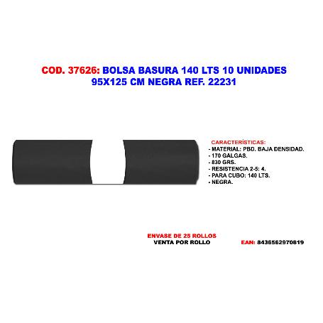 BOLSA BASURA 140 L 10 UND 95 X125 CM NEGRA GALGA 170 REF.22231