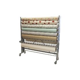 EXPOSITOR DE HULES Y MANTELES HORIZONTAL CON CORTADOR Y RUEDAS PARA 22 ROLLOS