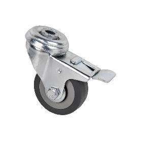 RUEDA DE GOMA GRIS CON AGUJERO PASANTE Y FRENO Ø75 X 22 MM   CAJA 2 UNID.