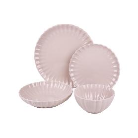 VAJILLA DE PORCELANA EN RELIEVE COLOR ROSA NUDE ESMALTADO 16 PIEZAS