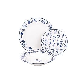 VAJILLA DE PORCELANA CON DETALLE FLORAL AZUL ESMALTADO DE FORMA IRREGULAR 18 PIEZAS