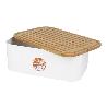 PACK DE PANERA CON TAPA BAMBU ,6  VASOS DE AGUA BEIGE Y 6 PLATOS BEIGE