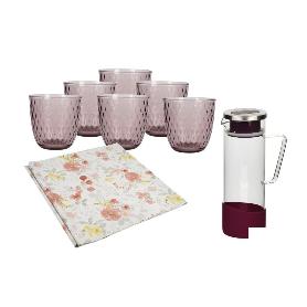 PACK DE JARRA MORADA,SET DE VASOS DE AGUA Y MANTEL 1.40 X 1.40 CM