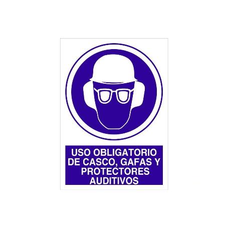 SEÑAL ADHESIVA 148X105MM. USO OBLIGATORIO DE CASCO, GAFAS Y PROTECTORES AUDITIVOS