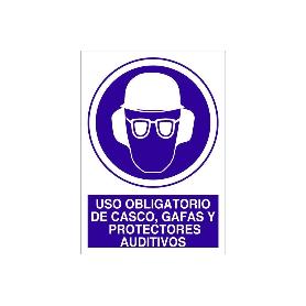 SEÑAL POLIESTIRENO  297X210MM. USO OBLIGATORIO DE CASCO, GAFAS Y PROTECTORES AUDITIVOS