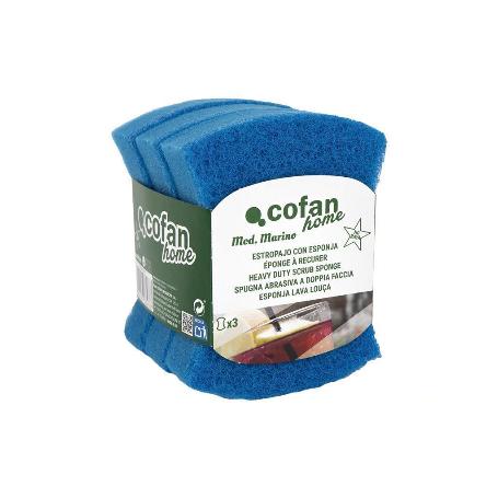 PACK DE 3 ESTROPAJOS AZULES CON ESPONJA   CAJA 16 UNID.