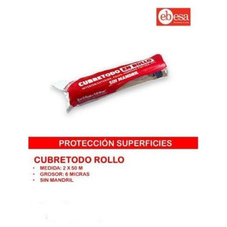 ROLLO PLASTICO TRANSPARENTE PROTECTOR CUBRETODO 2X50 MTS. 100 M2 SIN MANDRIL