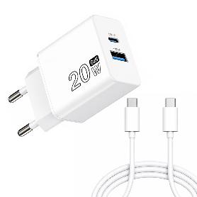 CARGADOR GAN 20 W. CON PUERTOS USB-A Y USB-C. INCLUYE CABLE USB-C A USB-C DE 100 CM.