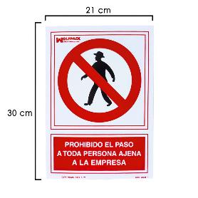 CARTEL PROHIBIDO EL PASO PERSONA AJENA EMPRESA 21X 30 (ALT.) CM.