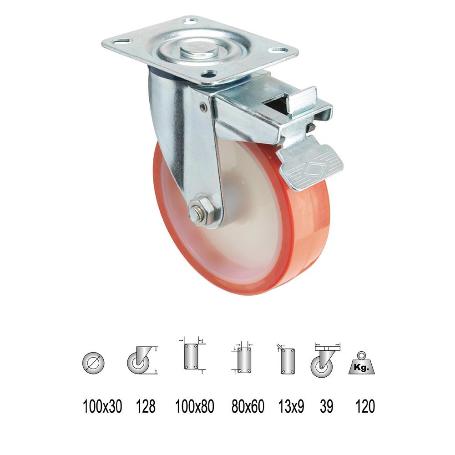 RUEDA INDUSTRIAL POLIURETANO PLACA CON FRENO 100 MM.