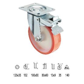 RUEDA INDUSTRIAL POLIURETANO PLACA CON FRENO 125 MM.