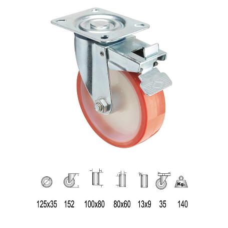 RUEDA INDUSTRIAL POLIURETANO PLACA CON FRENO 125 MM.