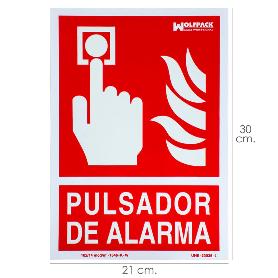 CARTEL / SEÑAL FLUORESCENTE PULSADOR ALARMA 21X 30 (ALT.) CM.