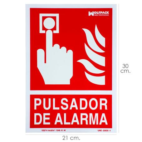 CARTEL / SEÑAL FLUORESCENTE PULSADOR ALARMA 21X 30 (ALT.) CM.
