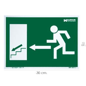 CARTEL / SEÑAL FLUORESCENTE SALIDA ESCALERA IZQUIERDA ABAJO 30 X 21 (ALT.) CM.