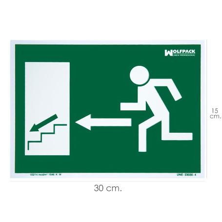 CARTEL / SEÑAL FLUORESCENTE SALIDA ESCALERA IZQUIERDA ABAJO 30 X 21 (ALT.) CM.