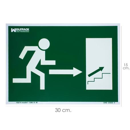 CARTEL / SEÑAL FLUORESCENTE SALIDA ESCALERA DERECHA ARRIBA 30 X 21 (ALT.) CM.