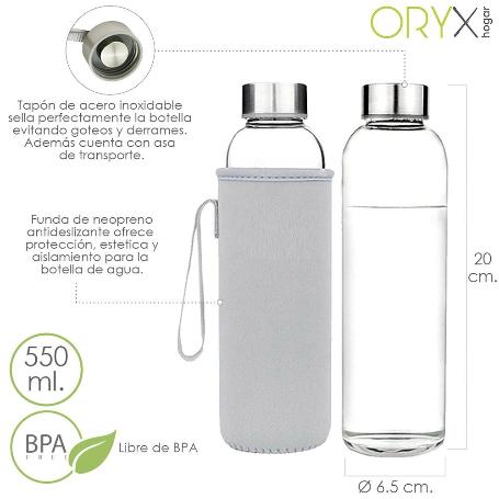 BOTELLA AGUA CRISTAL 550 ML. FUNDA NEOPRENO CON ASA. SIN BPA