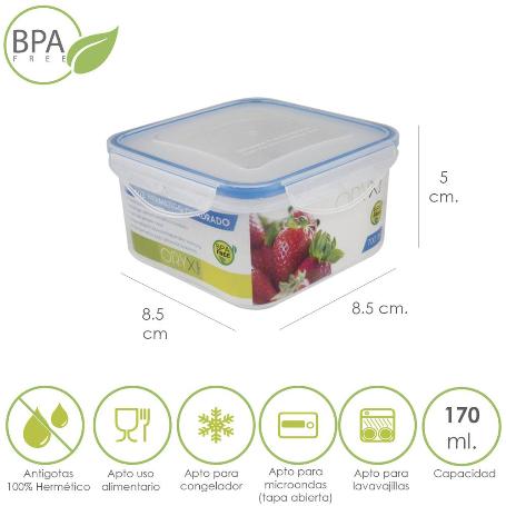 RECIPIENTE HERMETICO PLASTICO CUADRADO 170 ML.  8.5X8.5X5 (ALT.) CM.