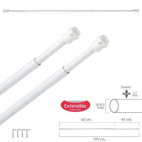 BARRA VISILLO EXTENSIBLE 60/105 CM. CON MUELLE PRESION, SOPORTES Y VENTOSAS (2 PIEZAS)