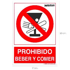 CARTEL PROHIBIDO BEBER Y COMER 21X 30 (ALT.) CM.